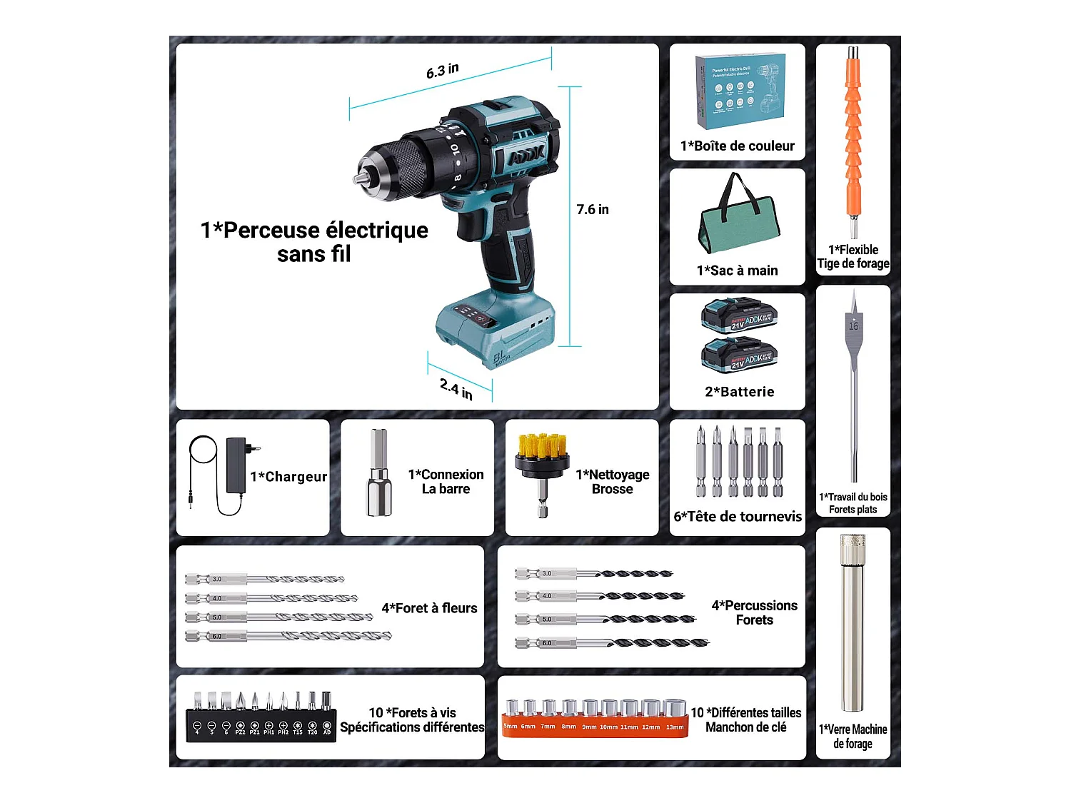 Furadeira/Parafusadeira 350W 21V 24+3 Modos - 3 Velocidades, 0-1850 RPM, Torque Máximo 65 Nm - Furadeira Portátil - Azul (2 Pilhas)