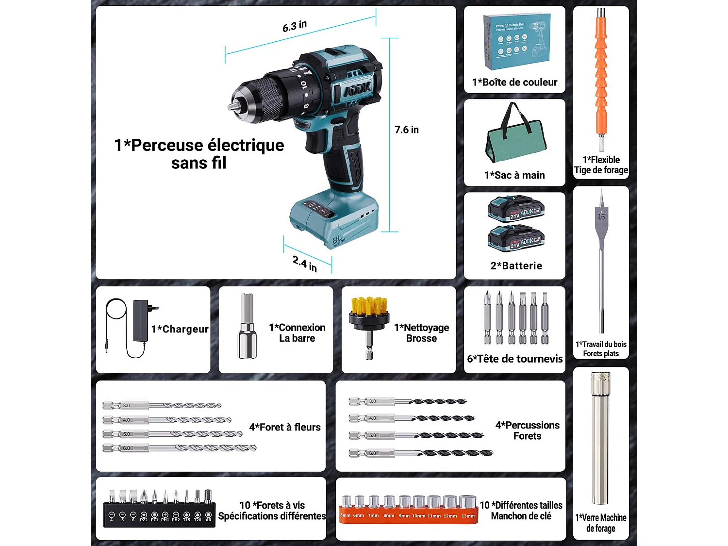Perceuse Visseuse 350W 21V Mode 24+3 - 3 Vitesses, 0-1850 RPM, Couple Max 65Nm - Perceuse Portable - Bleu (2 Batteries)