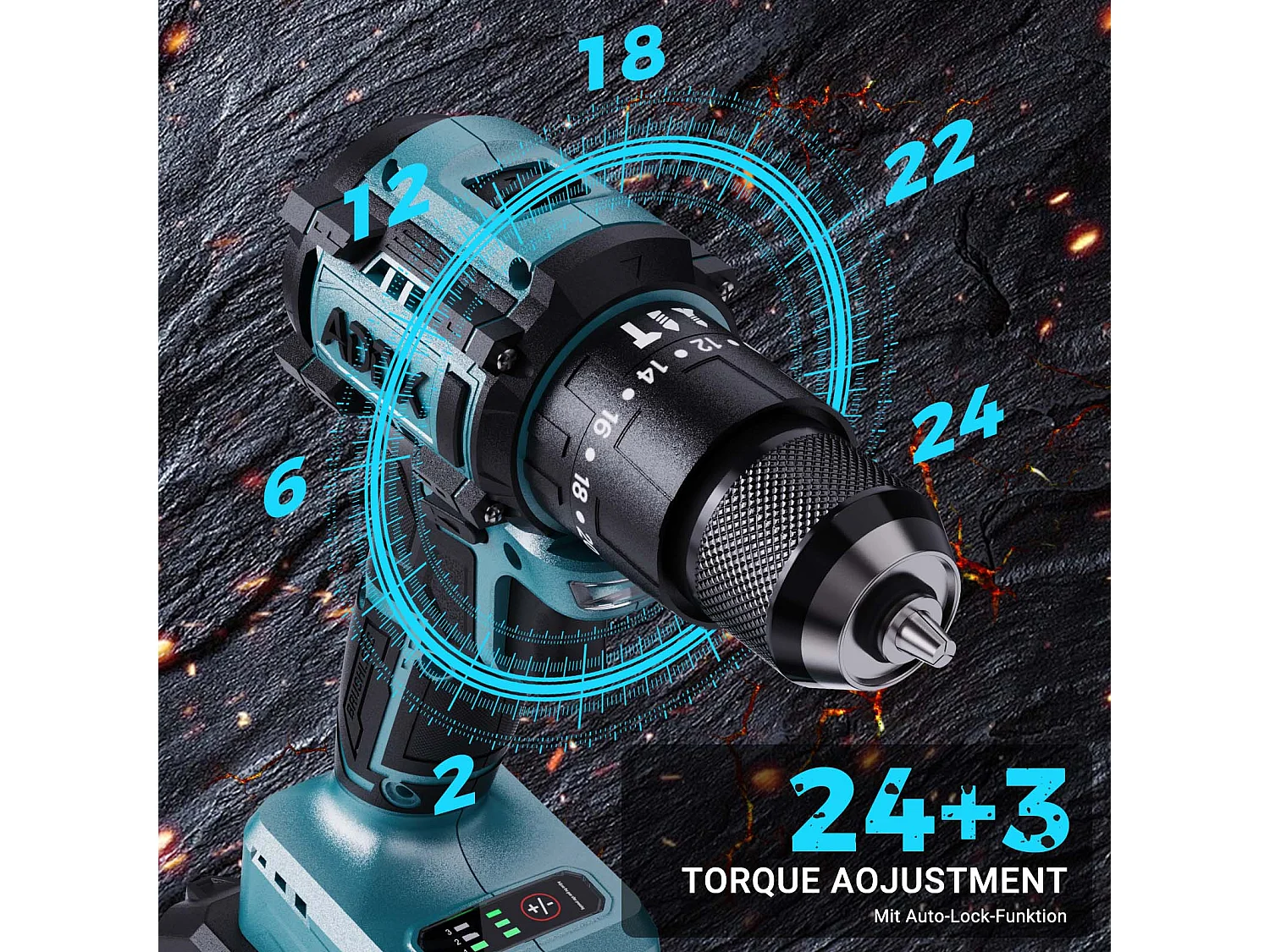 Perceuse Visseuse 350W 21V Mode 24+3 - 3 Vitesses, 0-1850 RPM, Couple Max 65Nm - Perceuse Portable - Bleu (2 Batteries)