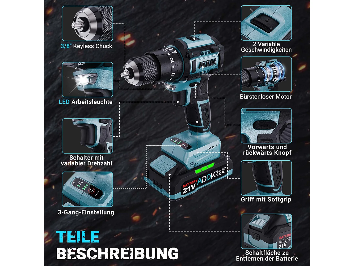 Perceuse Visseuse 350W 21V Mode 24+3 - 3 Vitesses, 0-1850 RPM, Couple Max 65Nm - Perceuse Portable - Bleu (2 Batteries)