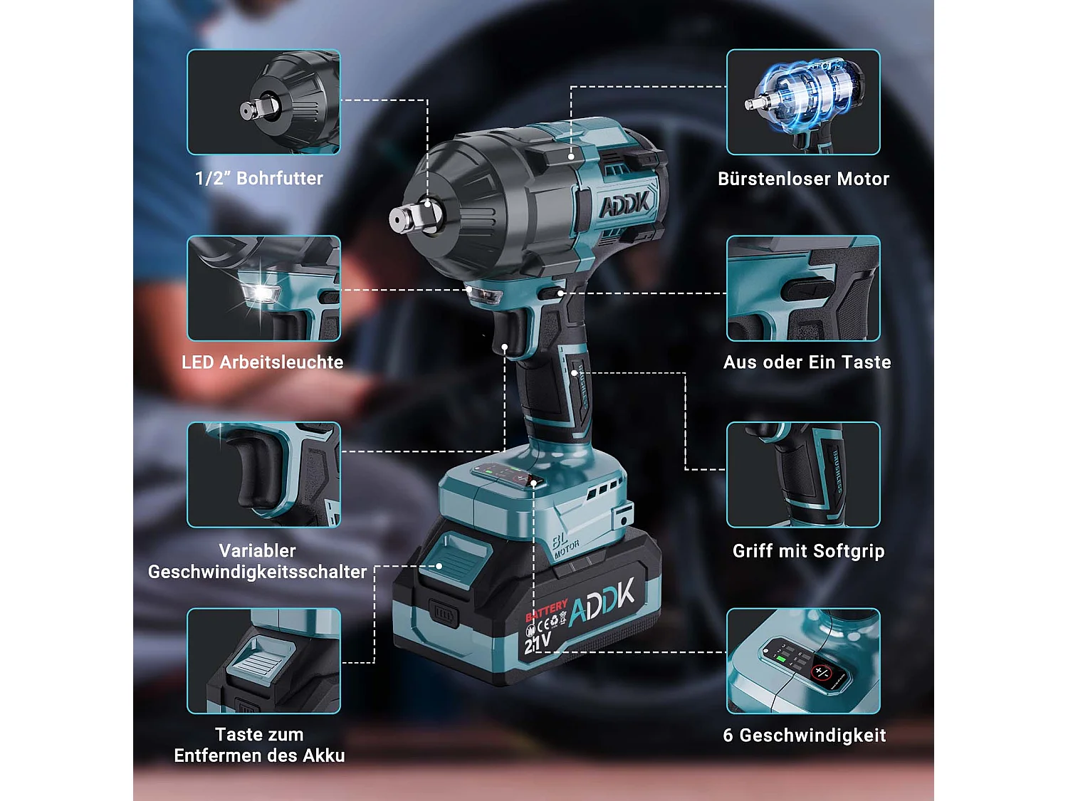 Clé à Chocs Sans Fil Brushless 1600Nm - 2 Batteries 2.1Ah - 6 Vitesses - 13 Accessoires