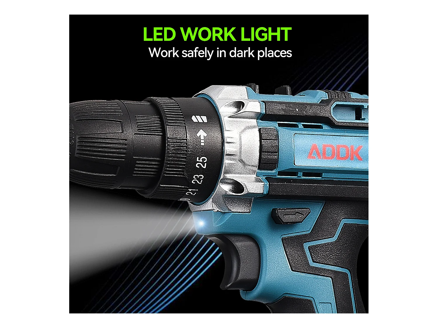 Furadeira/Parafusadeira sem fio 21V com luz LED - 2 baterias de 1,5 Ah - 37 acessórios - Motor escovado - Azul