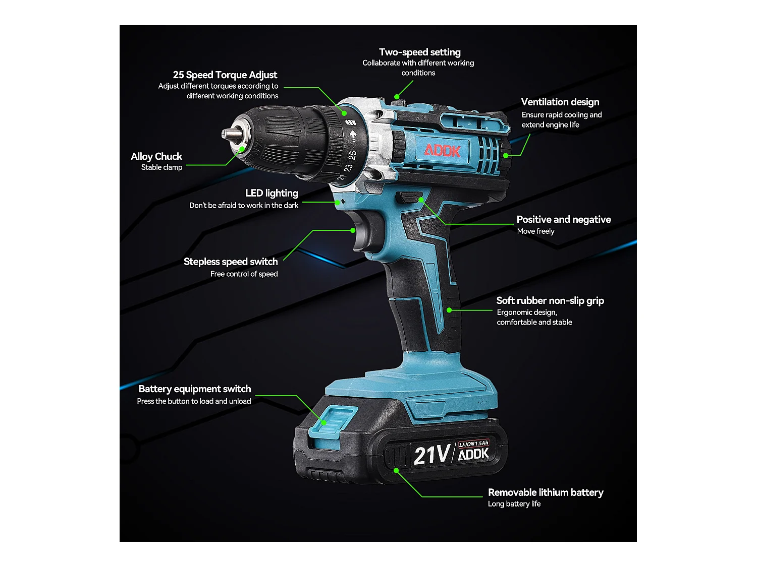 Furadeira/Parafusadeira sem fio 21V com luz LED - 2 baterias de 1,5 Ah - 37 acessórios - Motor escovado - Azul