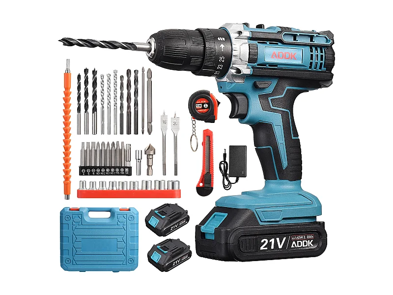 21 V Akku-Bohrschrauber – 2 x 2000 mAh Lithium-Akkus – 25+1 Drehmomenteinstellungen – 37 Zubehörteile + PP-Box