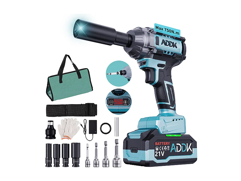 Chave de impacto sem fio sem escova de 21 V - 750 Nm - Bateria de 4,0 Ah - 6 velocidades - 3300 rpm