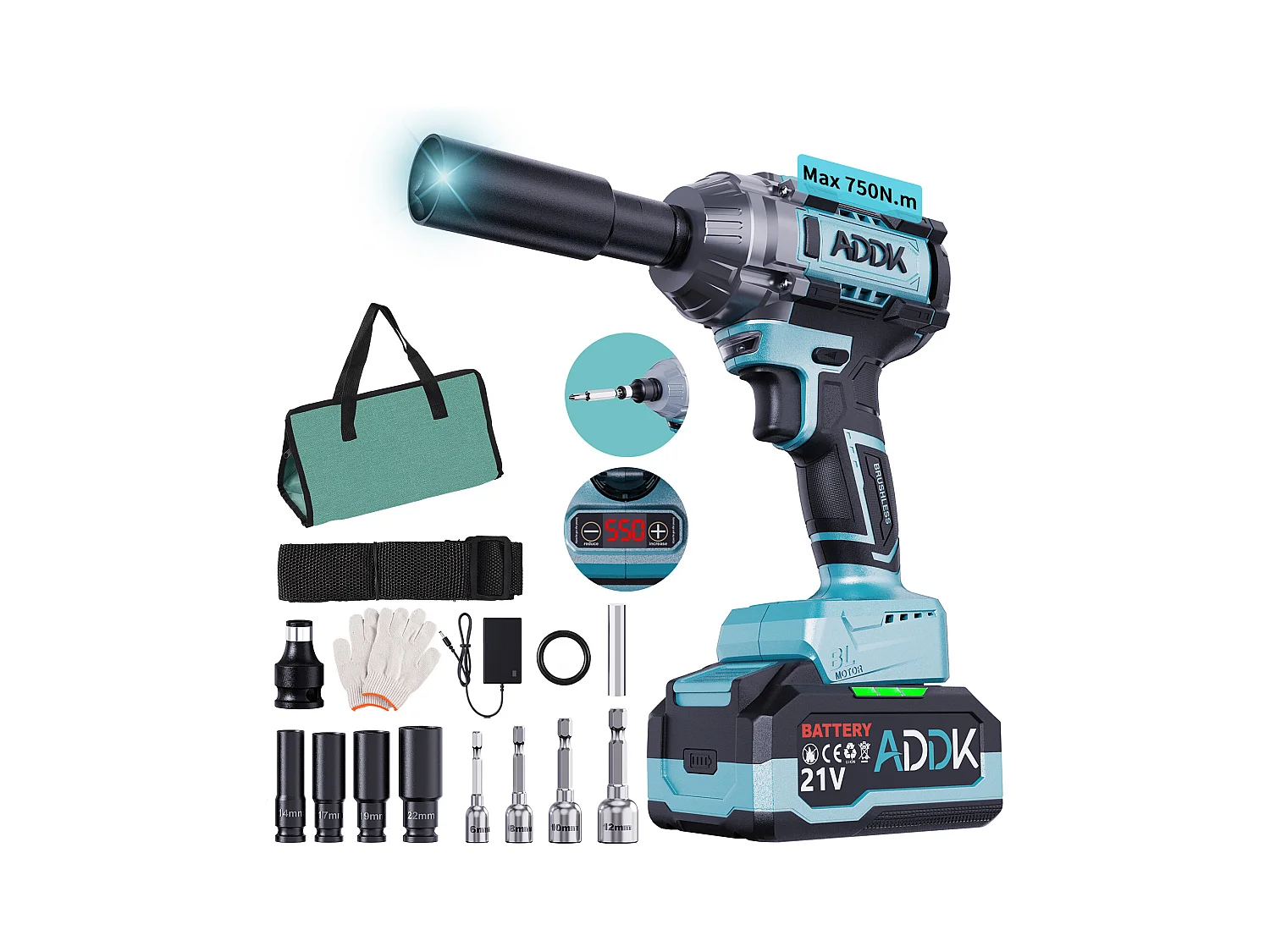 Chave de impacto sem fio sem escova de 21 V - 750 Nm - Bateria de 4,0 Ah - 6 velocidades - 3300 rpm