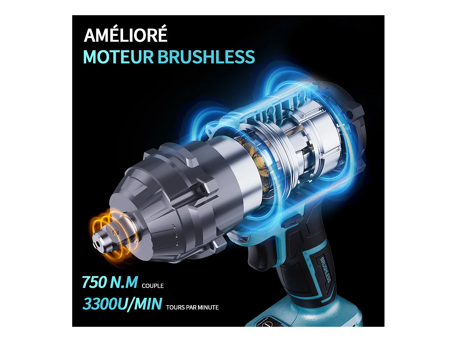 Chave de impacto sem fio sem escova de 21 V - 750 Nm - Bateria de 4,0 Ah - 6 velocidades - 3300 rpm