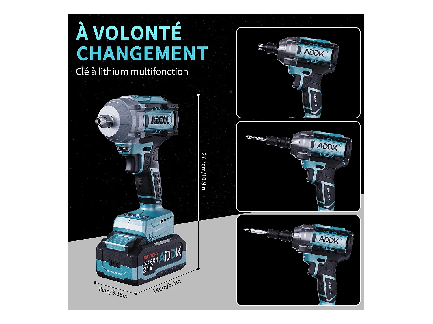 Chave de impacto sem fio sem escova de 21 V - 750 Nm - Bateria de 4,0 Ah - 6 velocidades - 3300 rpm