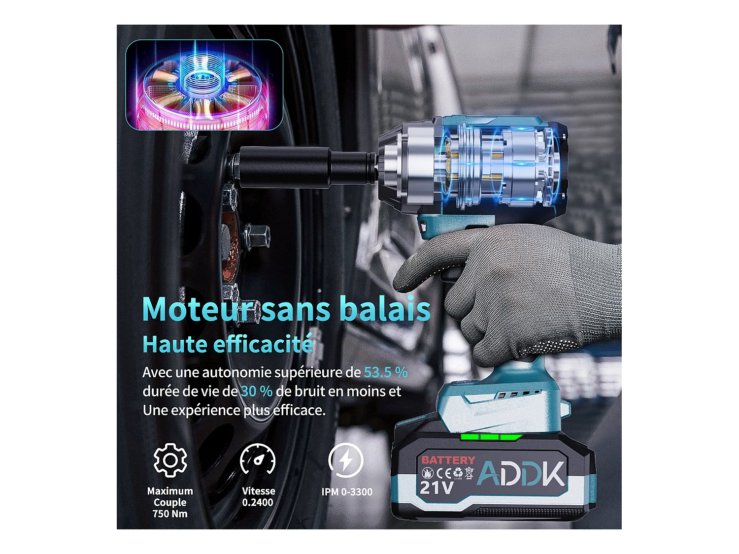 Chave de impacto sem fio sem escova de 21 V - 750 Nm - Bateria de 4,0 Ah - 6 velocidades - 3300 rpm