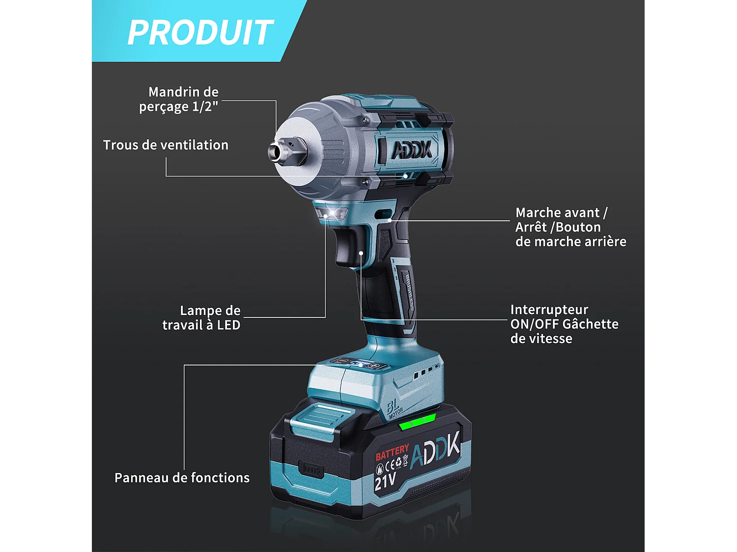 Clé à Chocs Sans Fil 21V Brushless - 750Nm - 4.0Ah Batterie - 6 Vitesses - 3300 tr/min