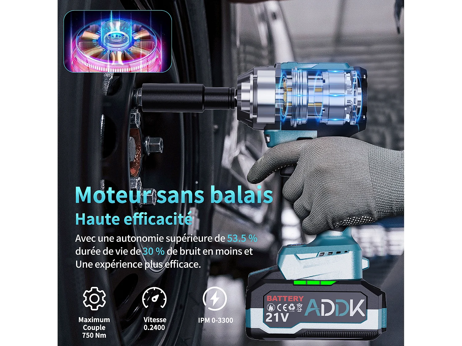 Clé à Chocs Sans Fil 21V Brushless - 750Nm - 4.0Ah Batterie - 6 Vitesses - 3300 tr/min