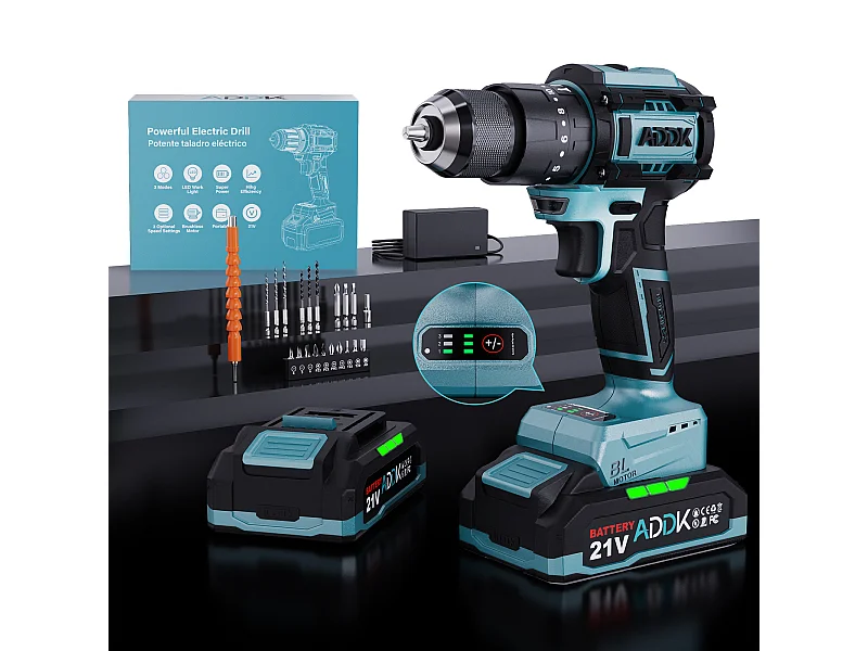 Furadeira e parafusadeira 350W 21V 24+3 modos - 3 velocidades ajustáveis - Furadeira portátil - Azul (1 bateria)