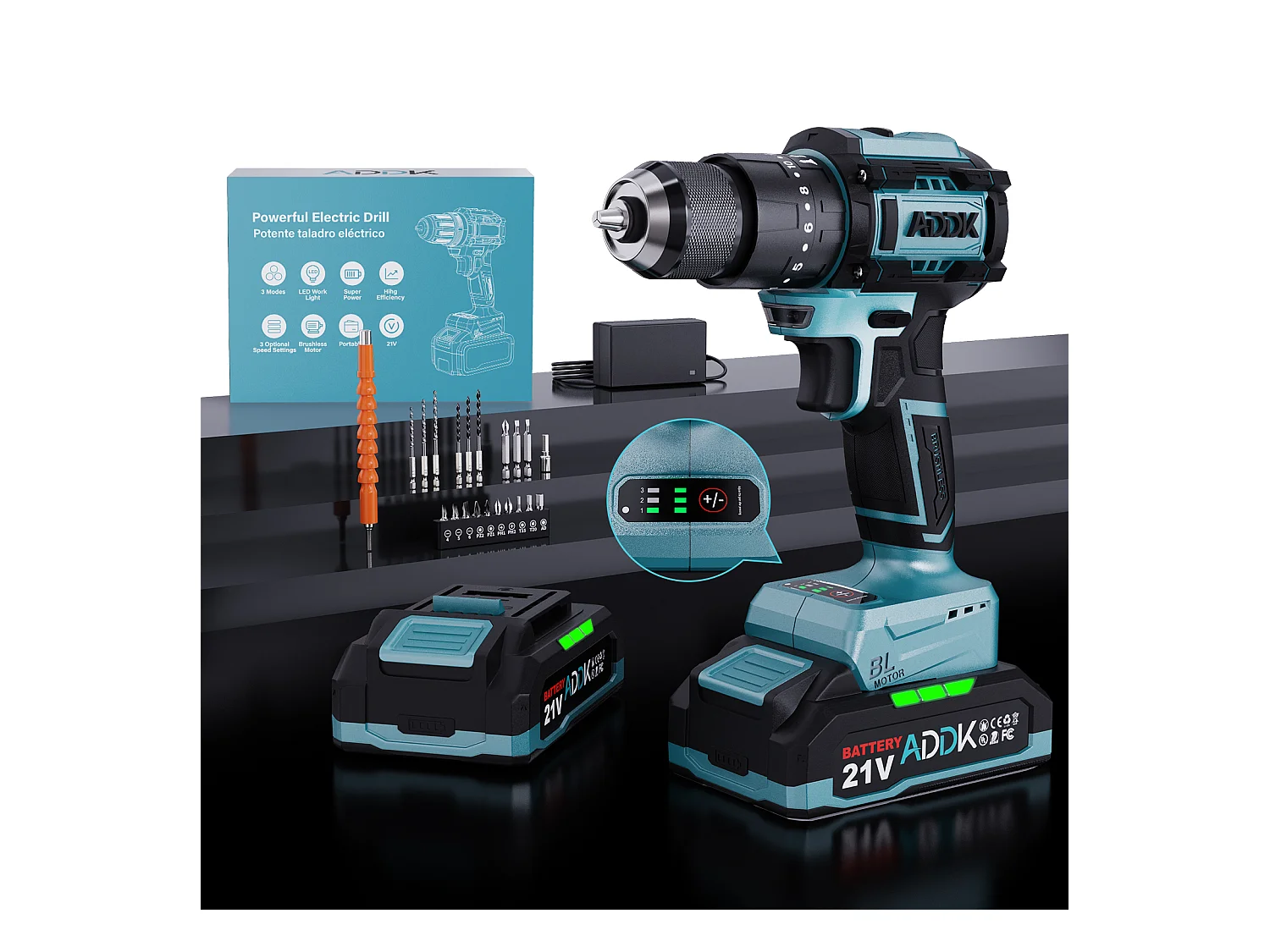 Furadeira e parafusadeira 350W 21V 24+3 modos - 3 velocidades ajustáveis - Furadeira portátil - Azul (1 bateria)