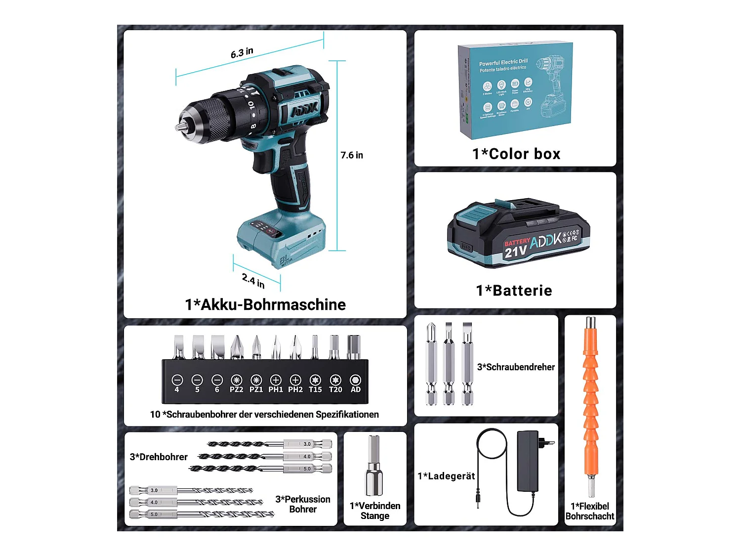 Furadeira e parafusadeira 350W 21V 24+3 modos - 3 velocidades ajustáveis - Furadeira portátil - Azul (1 bateria)
