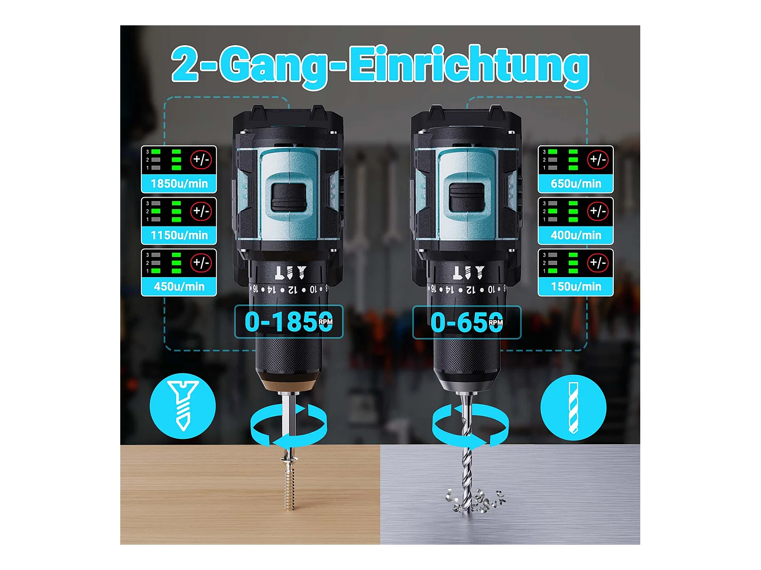 Furadeira e parafusadeira 350W 21V 24+3 modos - 3 velocidades ajustáveis - Furadeira portátil - Azul (1 bateria)