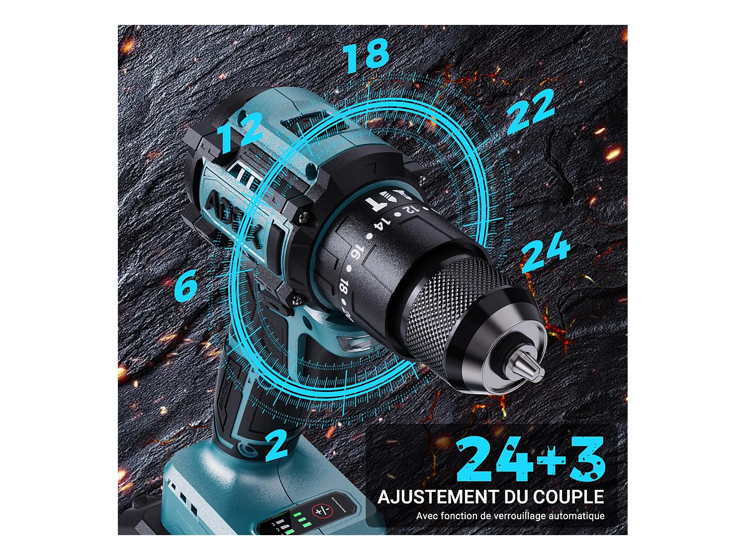 Furadeira e parafusadeira 350W 21V 24+3 modos - 3 velocidades ajustáveis - Furadeira portátil - Azul (1 bateria)