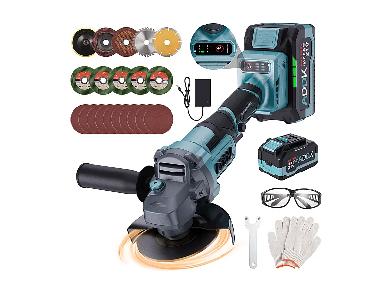 Esmerilhadeira angular sem fio de 125 mm - 2 baterias de 21 V e 4,0 Ah - Motor sem escovas de 9000 rpm - 6 níveis ajustáveis + 13 acessórios