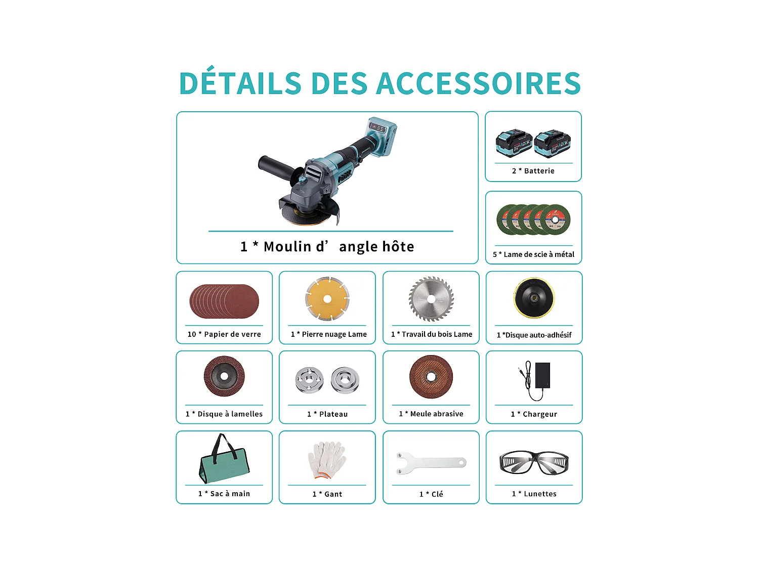 Esmerilhadeira angular sem fio de 125 mm - 2 baterias de 21 V e 4,0 Ah - Motor sem escovas de 9000 rpm - 6 níveis ajustáveis + 13 acessórios