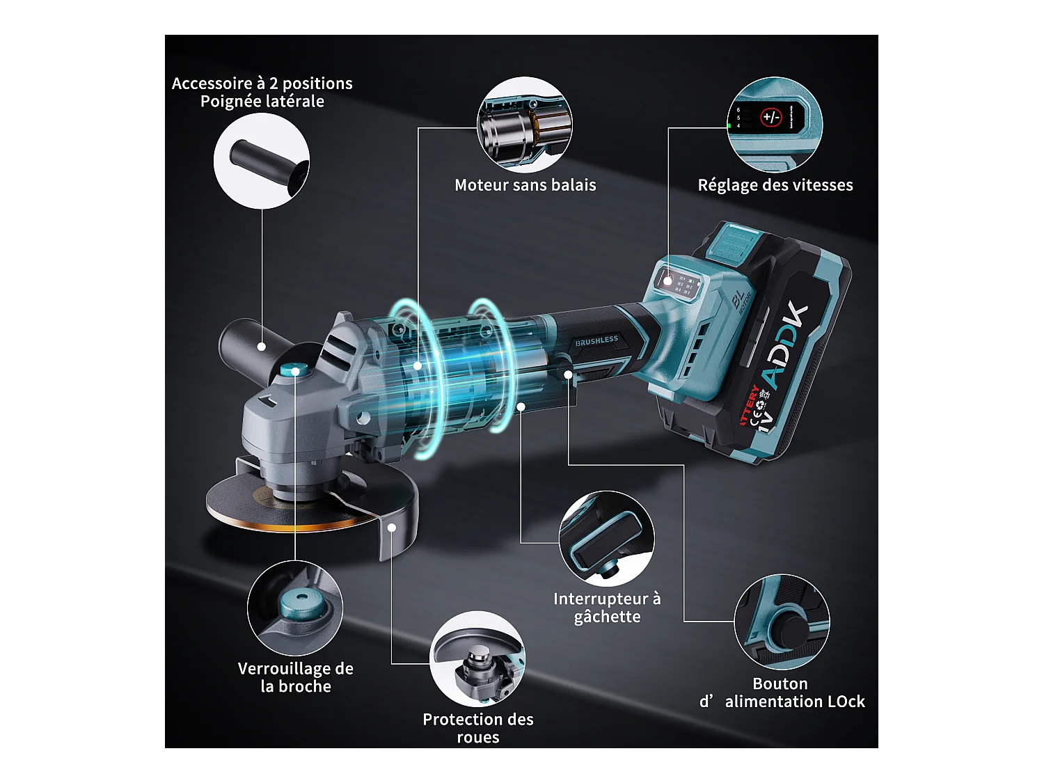 Esmerilhadeira angular sem fio de 125 mm - 2 baterias de 21 V e 4,0 Ah - Motor sem escovas de 9000 rpm - 6 níveis ajustáveis + 13 acessórios
