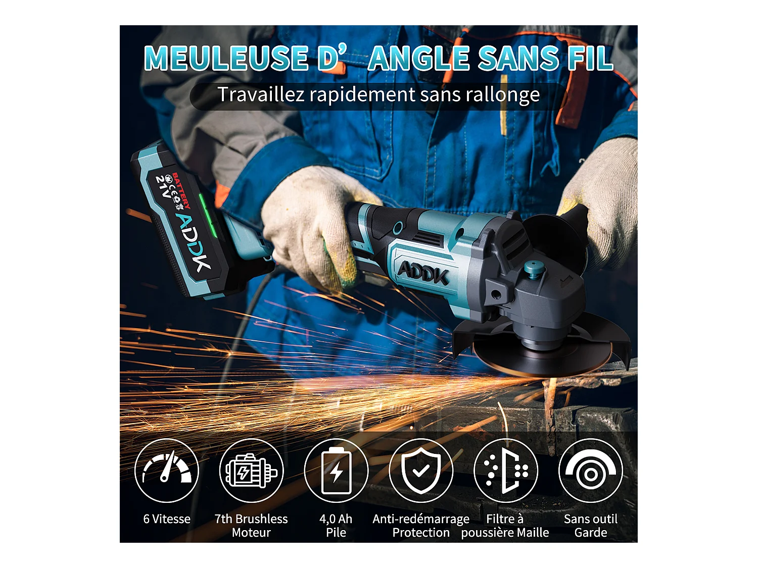 Esmerilhadeira angular sem fio de 125 mm - 2 baterias de 21 V e 4,0 Ah - Motor sem escovas de 9000 rpm - 6 níveis ajustáveis + 13 acessórios