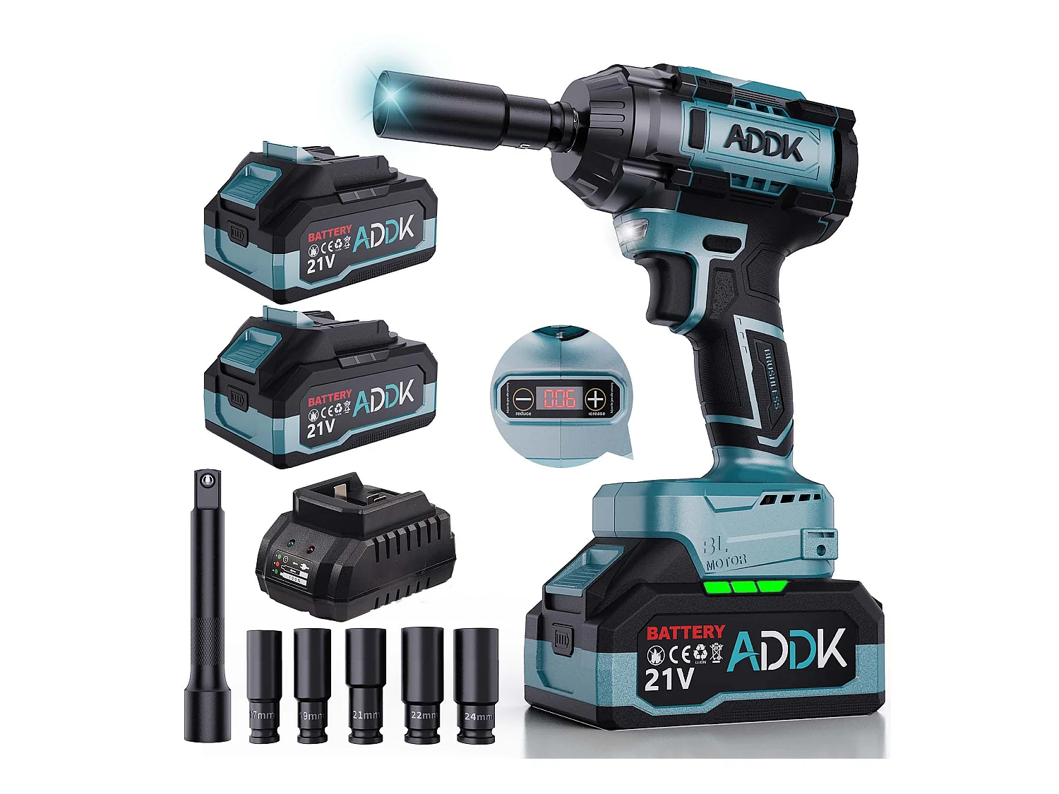Chave de impacto sem fio e sem escova de 21 V - 1000 Nm - 2 baterias de 2,1 Ah - 6 velocidades - 12 acessórios