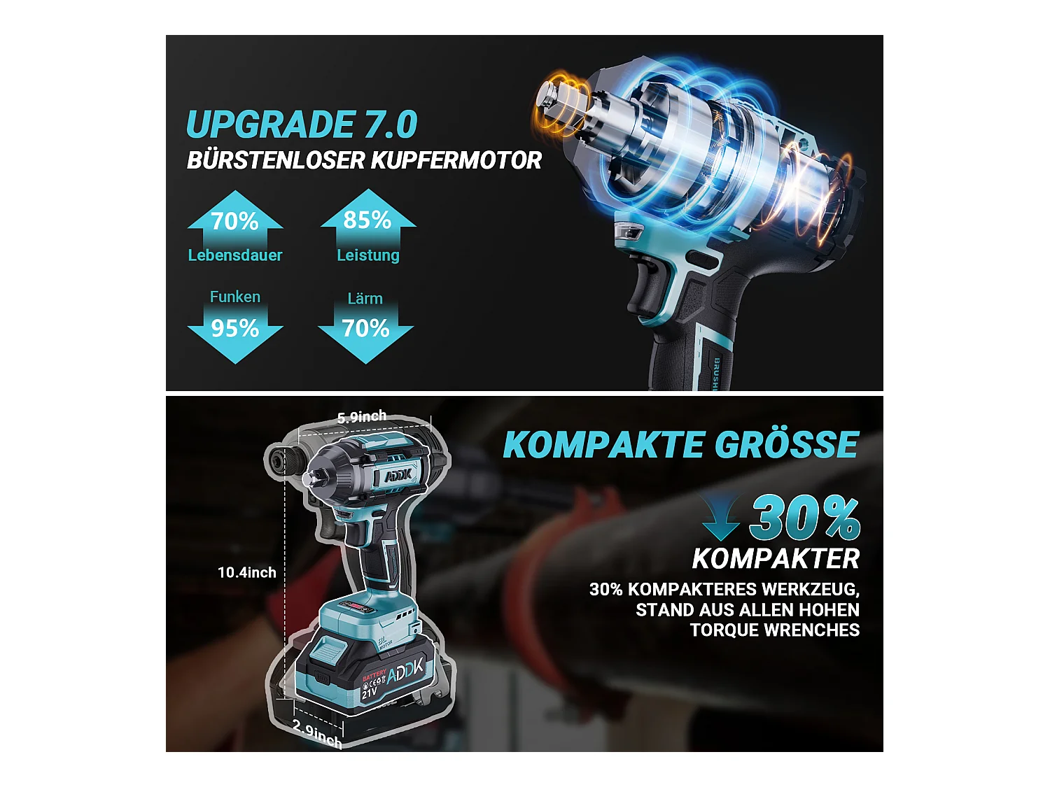 Chave de impacto sem fio e sem escova de 21 V - 1000 Nm - 2 baterias de 2,1 Ah - 6 velocidades - 12 acessórios