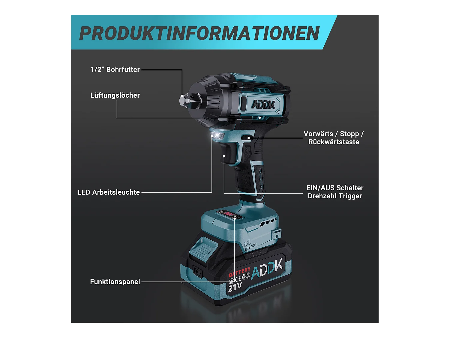 Chave de impacto sem fio e sem escova de 21 V - 1000 Nm - 2 baterias de 2,1 Ah - 6 velocidades - 12 acessórios