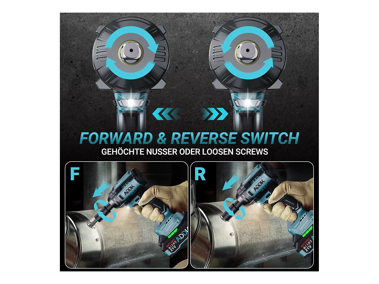 Chave de impacto sem fio e sem escova de 21 V - 1000 Nm - 2 baterias de 2,1 Ah - 6 velocidades - 12 acessórios