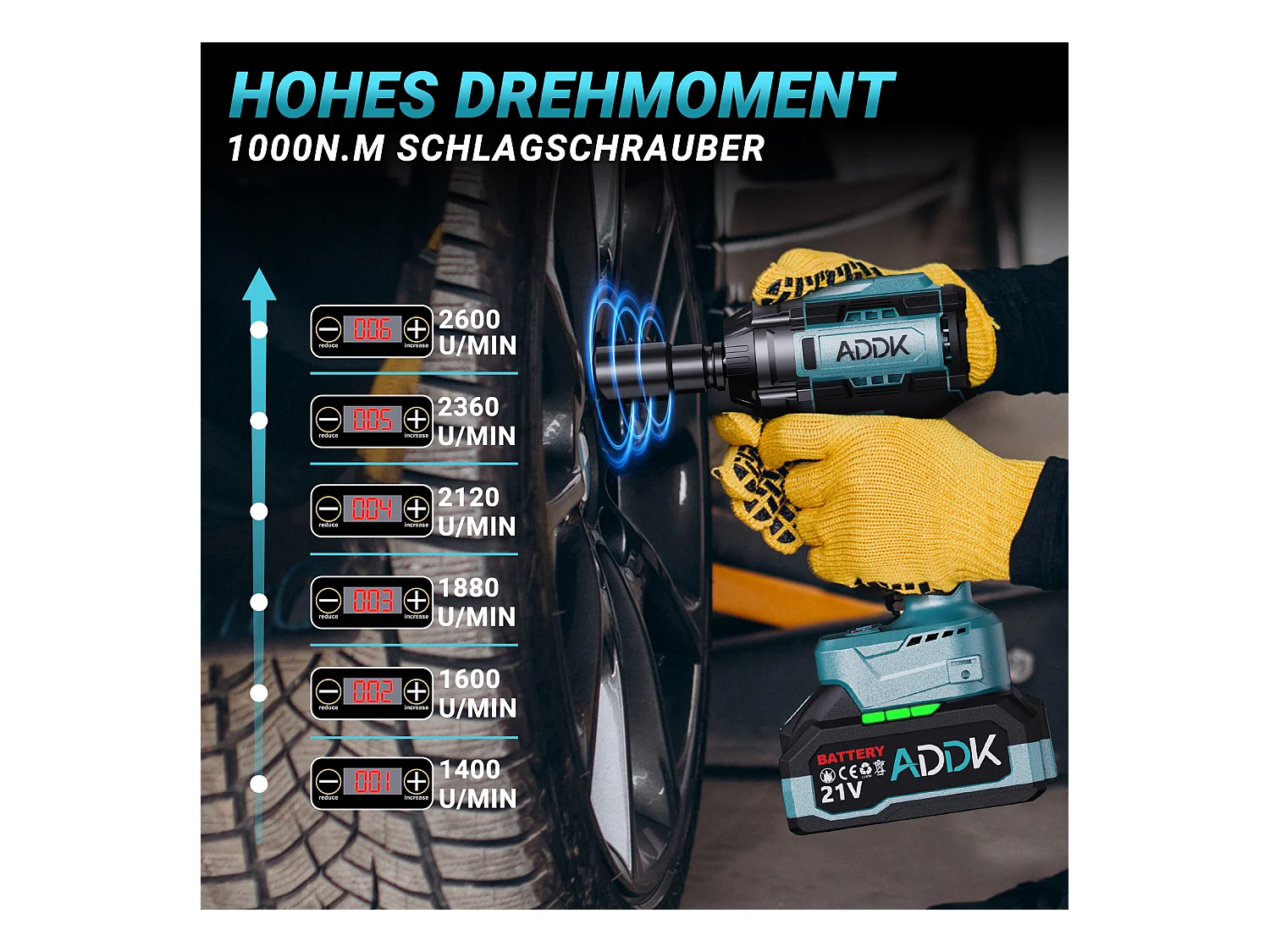 Chave de impacto sem fio e sem escova de 21 V - 1000 Nm - 2 baterias de 2,1 Ah - 6 velocidades - 12 acessórios
