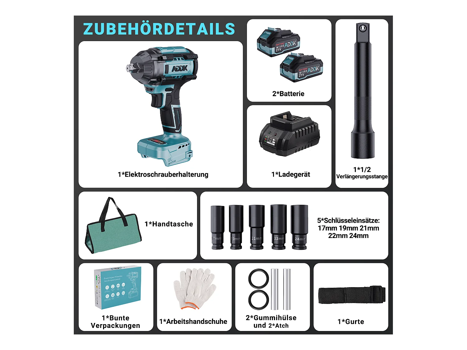 Chave de impacto sem fio e sem escova de 21 V - 1000 Nm - 2 baterias de 2,1 Ah - 6 velocidades - 12 acessórios