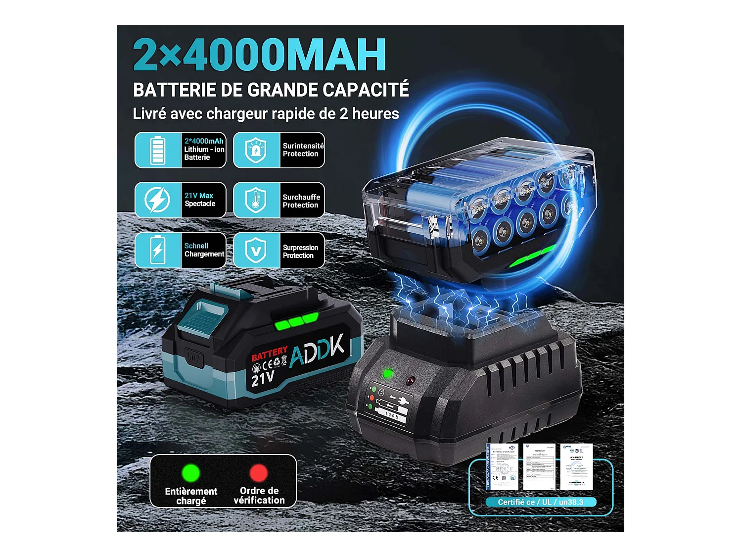 Chave de impacto sem fio e sem escova de 21 V - 1000 Nm - 2 baterias de 2,1 Ah - 6 velocidades - 12 acessórios