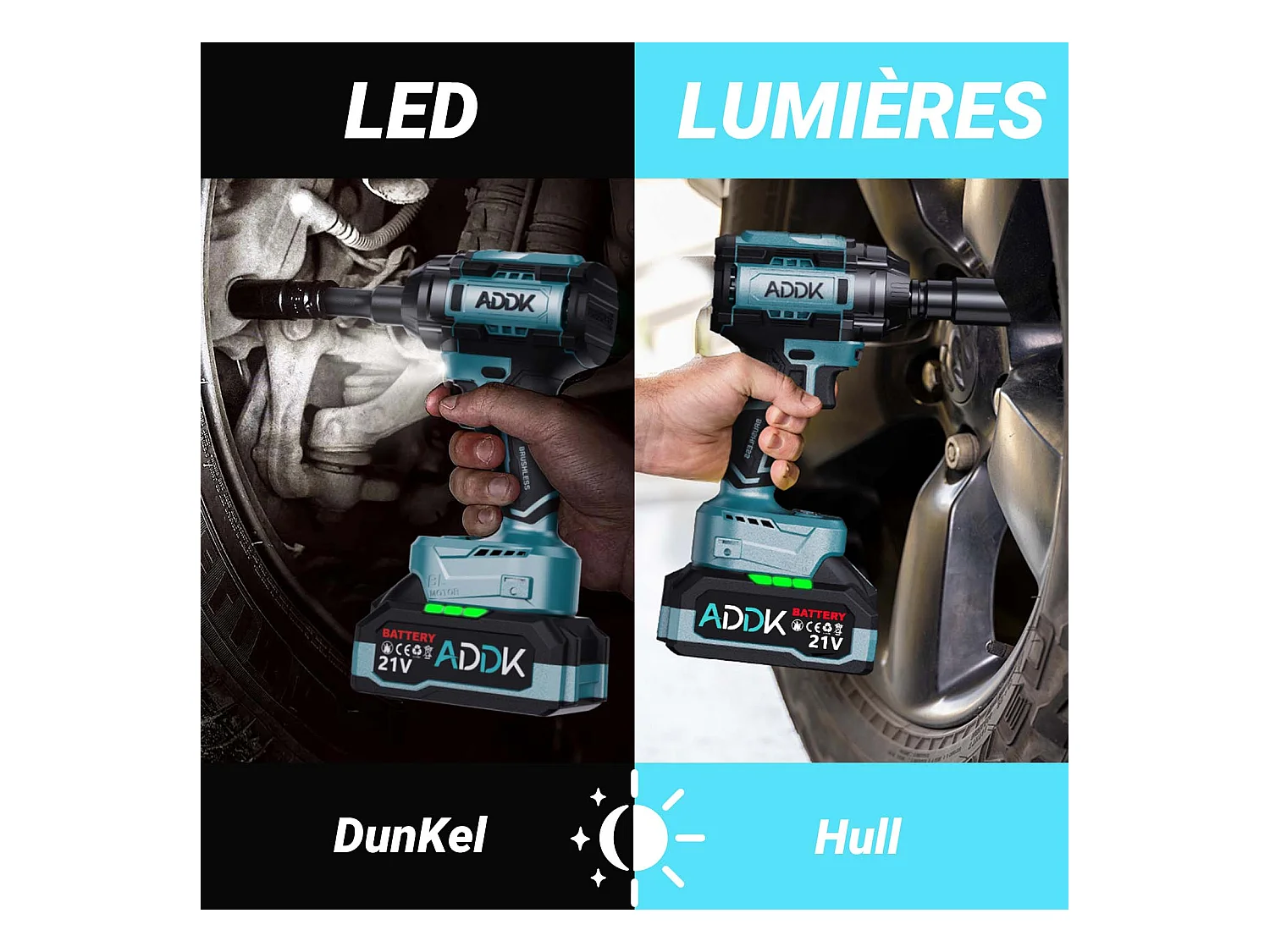 Chave de impacto sem fio e sem escova de 21 V - 1000 Nm - 2 baterias de 2,1 Ah - 6 velocidades - 12 acessórios