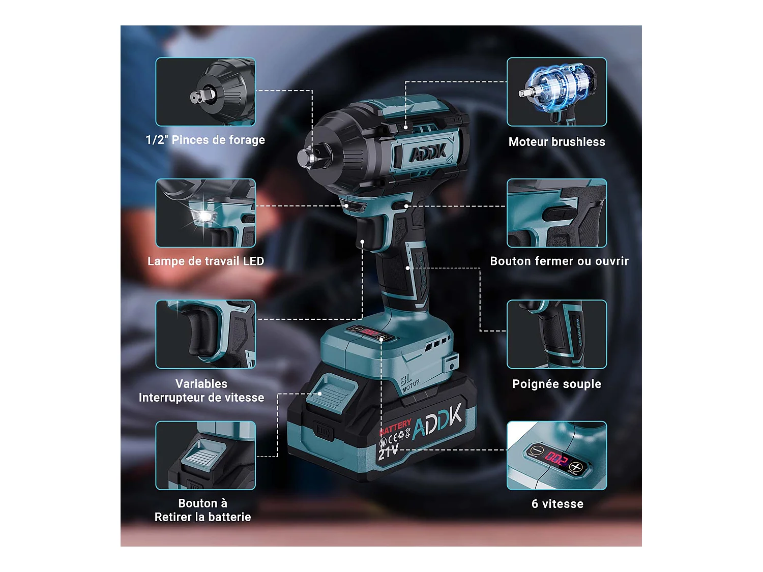 Chave de impacto sem fio e sem escova de 21 V - 1000 Nm - 2 baterias de 2,1 Ah - 6 velocidades - 12 acessórios