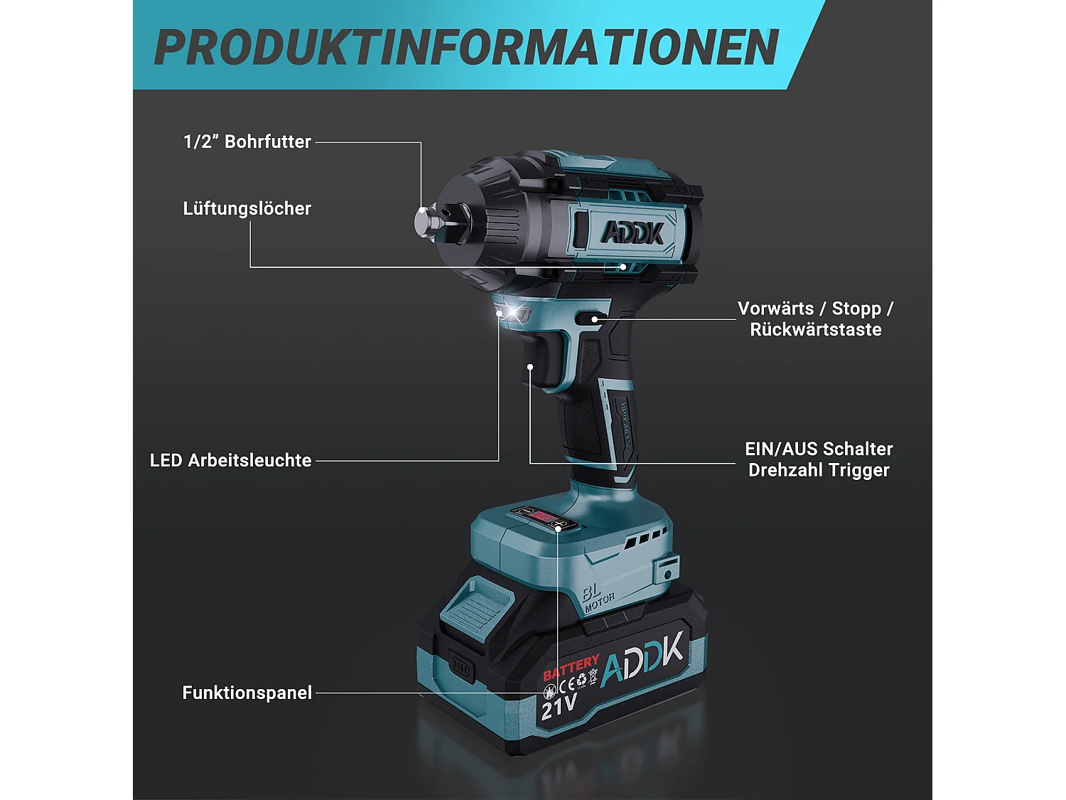 Clé à Chocs Sans Fil 21V Brushless - 1000Nm - 2 Batteries 2.1Ah - 6 Vitesses - 12 Accessoires