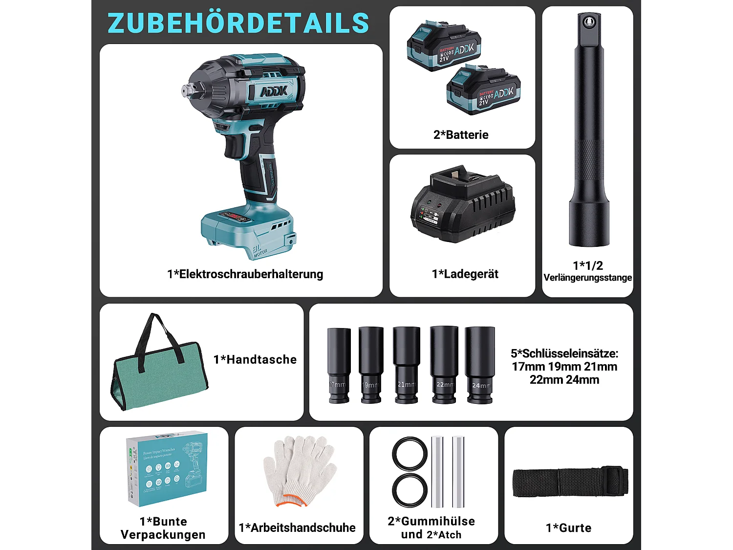 Clé à Chocs Sans Fil 21V Brushless - 1000Nm - 2 Batteries 2.1Ah - 6 Vitesses - 12 Accessoires