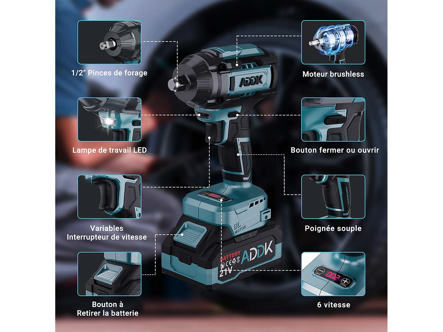 Clé à Chocs Sans Fil 21V Brushless - 1000Nm - 2 Batteries 2.1Ah - 6 Vitesses - 12 Accessoires