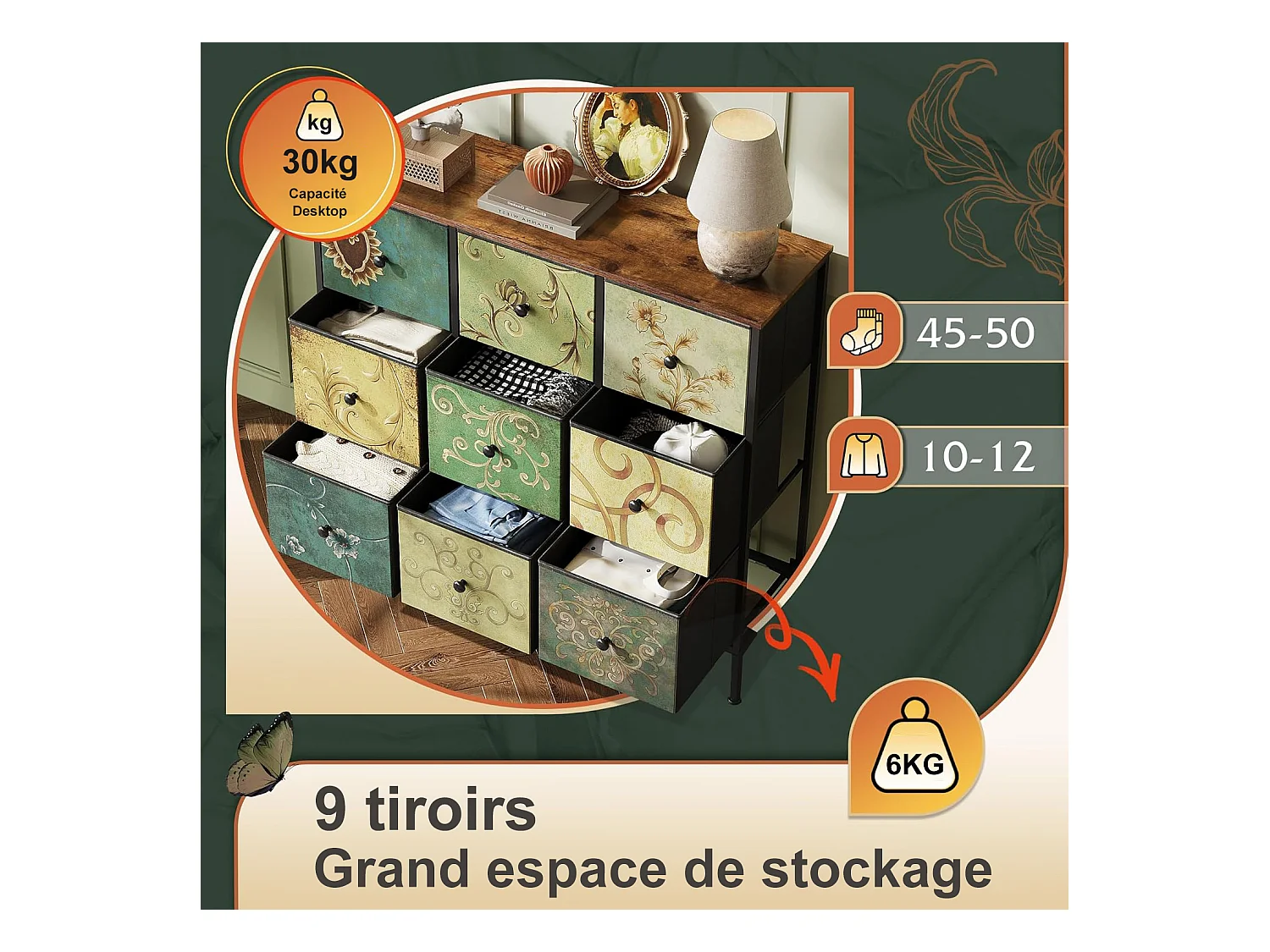 Vintage ladekast met 9 bedrukte stoffen lades en metalen frame – Retro, functioneel design