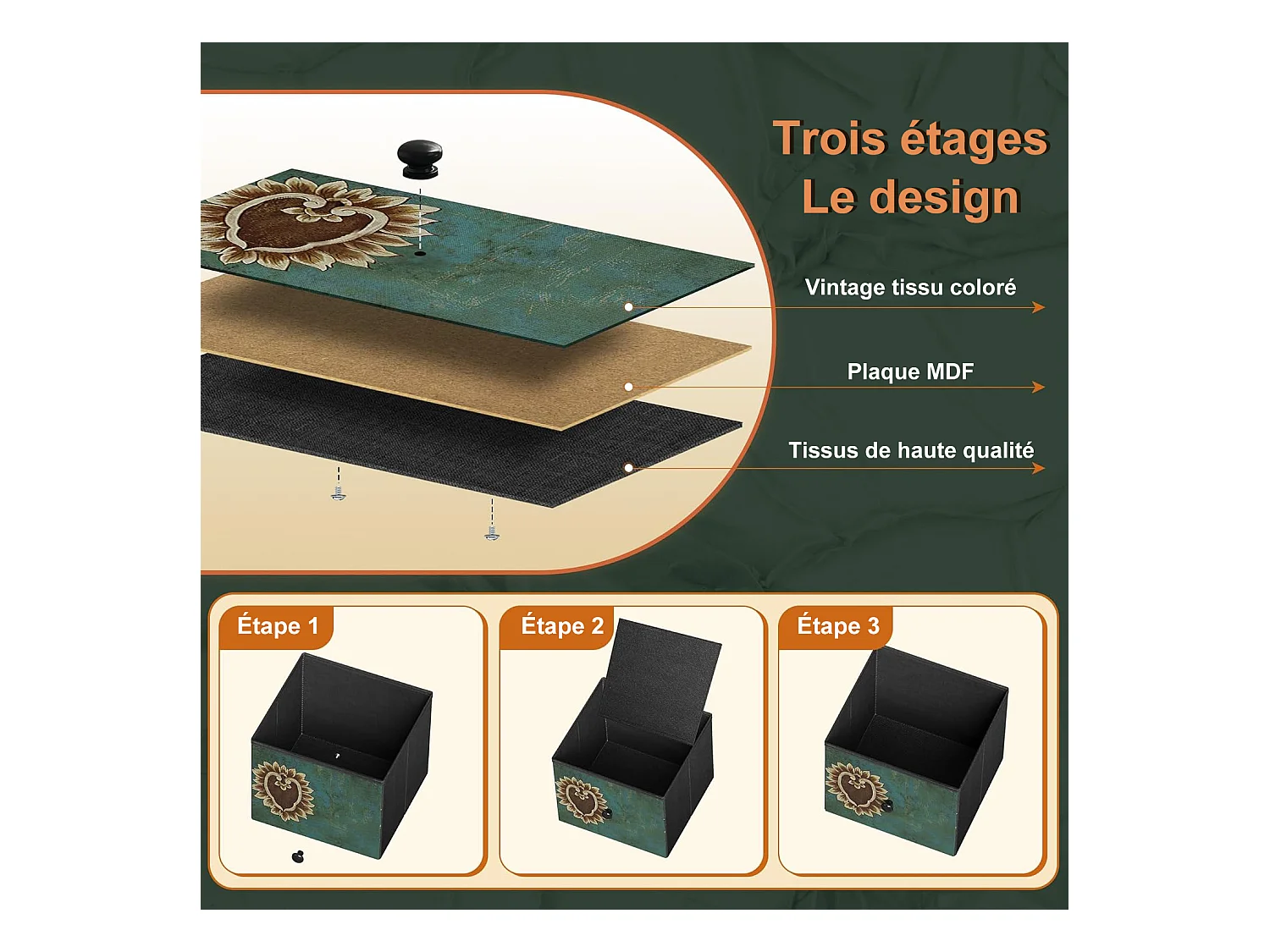 Vintage ladekast met 9 bedrukte stoffen lades en metalen frame – Retro, functioneel design