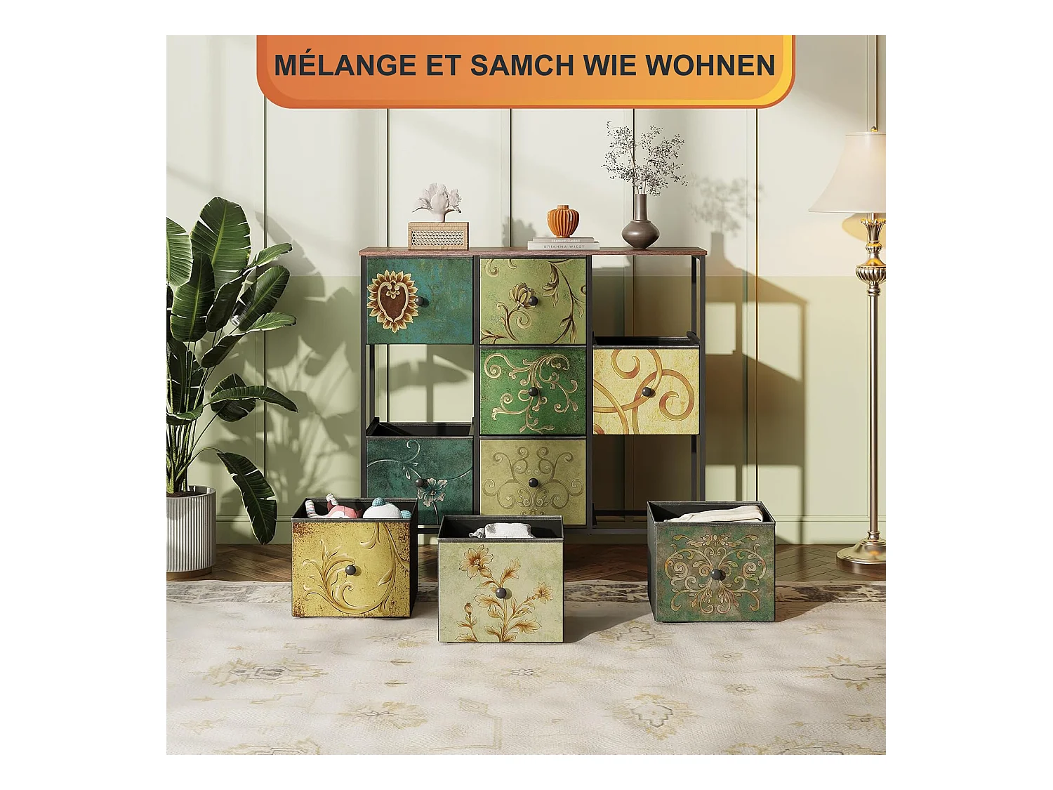 Vintage ladekast met 9 bedrukte stoffen lades en metalen frame – Retro, functioneel design