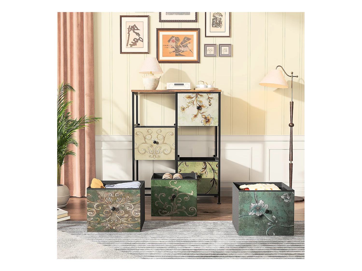 Vintage-Kommode mit 6 Schubladen aus bedrucktem Stoff und Metallrahmen – Retro und funktionales Design