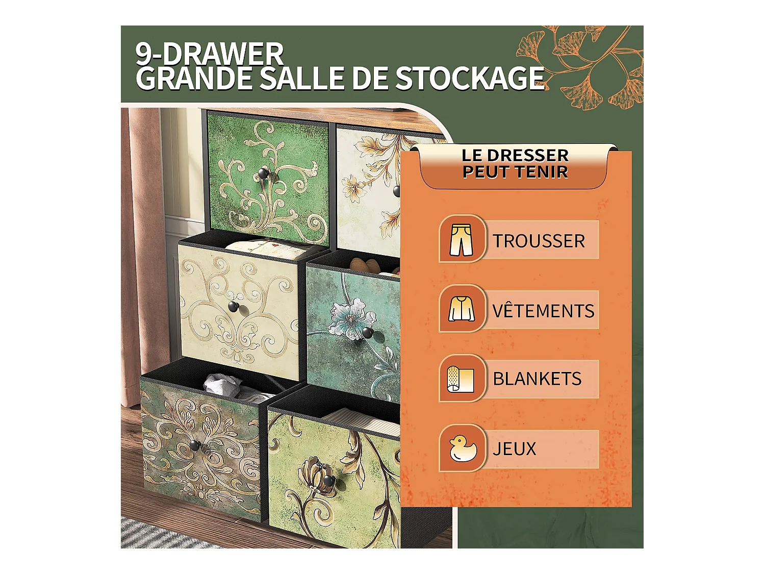 Vintage-Kommode mit 6 Schubladen aus bedrucktem Stoff und Metallrahmen – Retro und funktionales Design