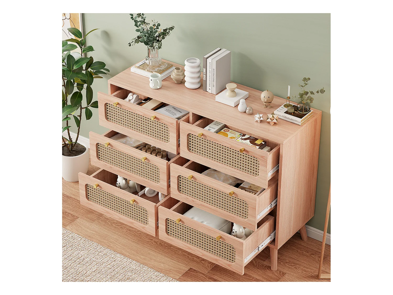 Cassettiera in legno con 6 cassetti in rattan – Design naturale, stabile e spaziosa