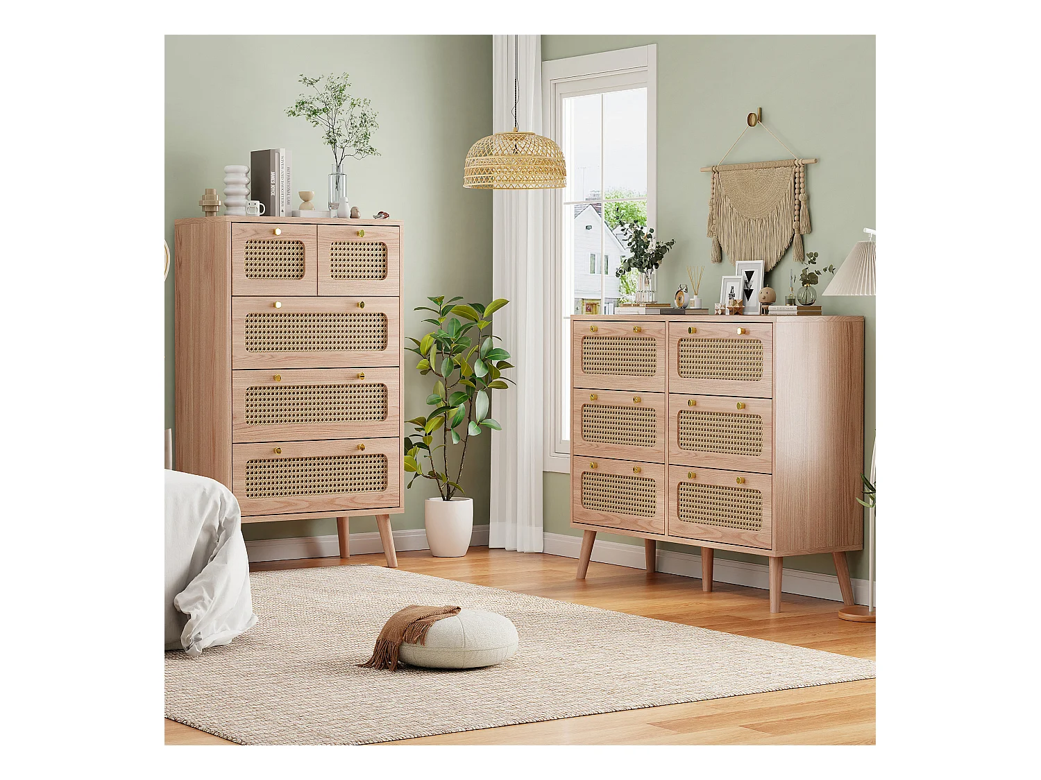 Cassettiera in legno con 6 cassetti in rattan – Design naturale, stabile e spaziosa