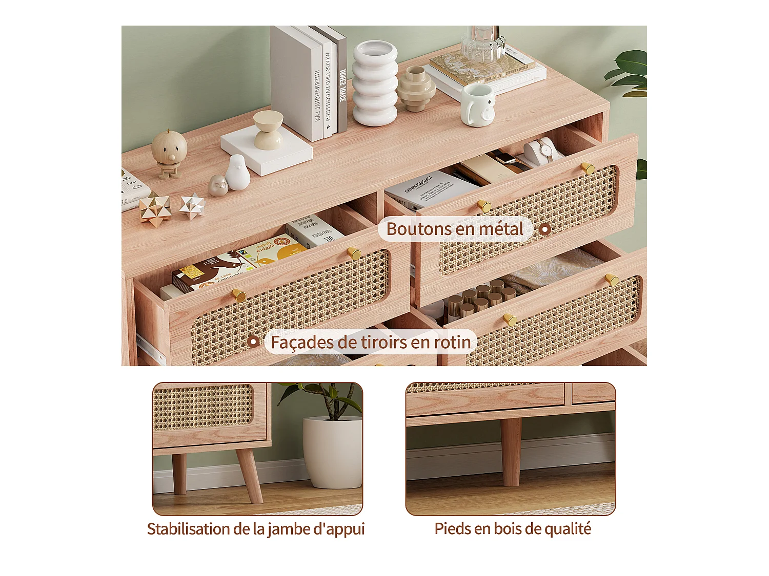 Cassettiera in legno con 6 cassetti in rattan – Design naturale, stabile e spaziosa