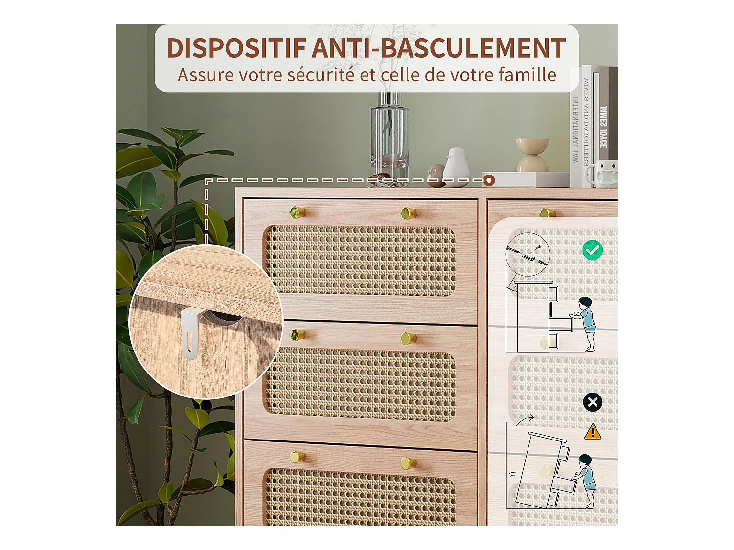 Cassettiera in legno con 6 cassetti in rattan – Design naturale, stabile e spaziosa