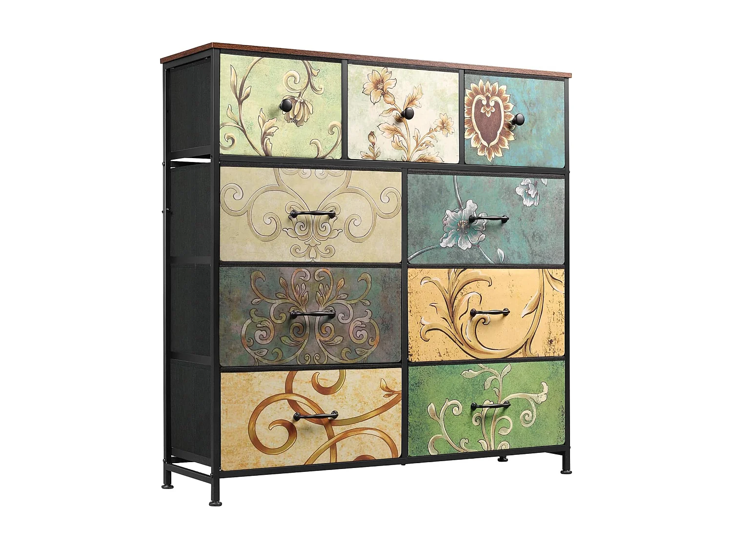 Commode 100 cm, 9 tiroirs de rangement, motif vintage, meuble en bois – Multicolore