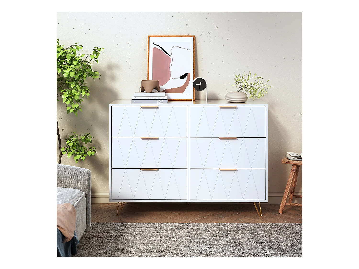 Cómoda moderna blanca de 6 cajones con diseño geométrico y tiradores dorados