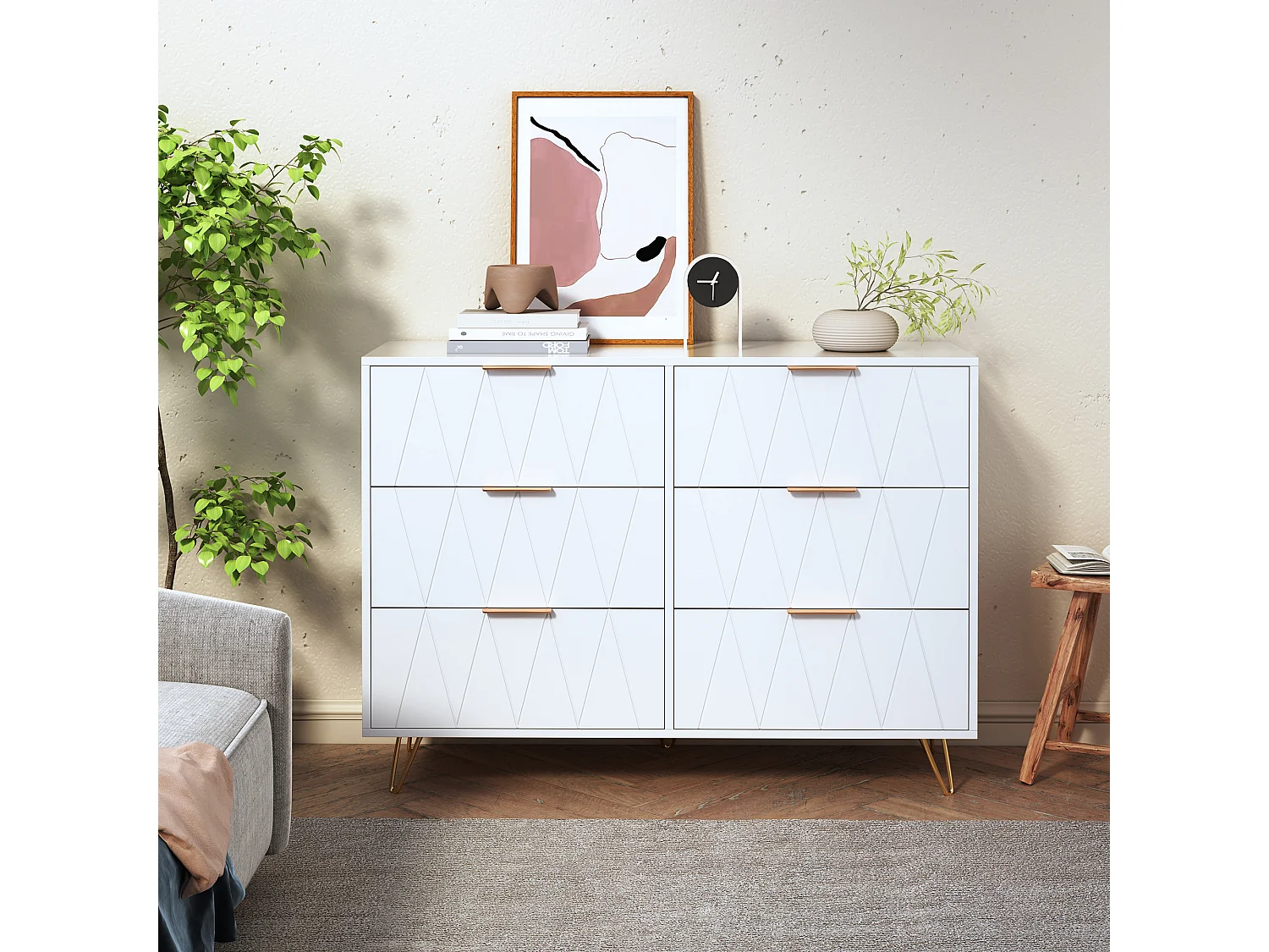 Commode blanche moderne à 6 tiroirs, design géométrique et poignées dorées
