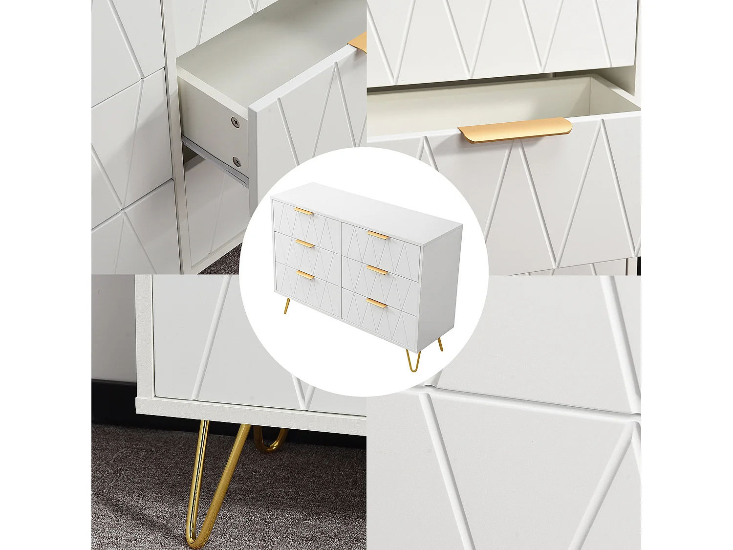 Commode blanche moderne à 6 tiroirs, design géométrique et poignées dorées