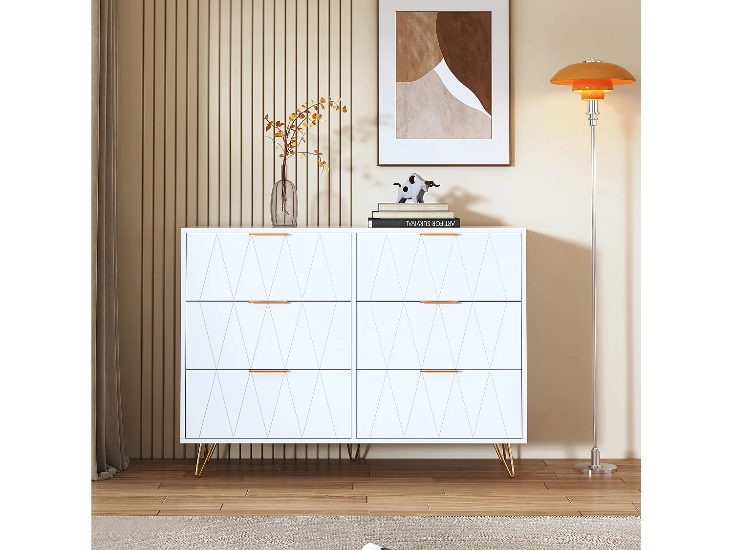 Commode blanche moderne à 6 tiroirs, design géométrique et poignées dorées